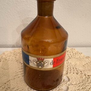 Vintage French Amber Glass Apothecary Bottle with Lid